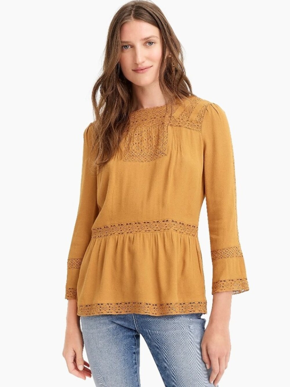 J. Crew Point Sur Lacey Top Mustard Peasant Peplum Boho Cottagecore Lace Size 8